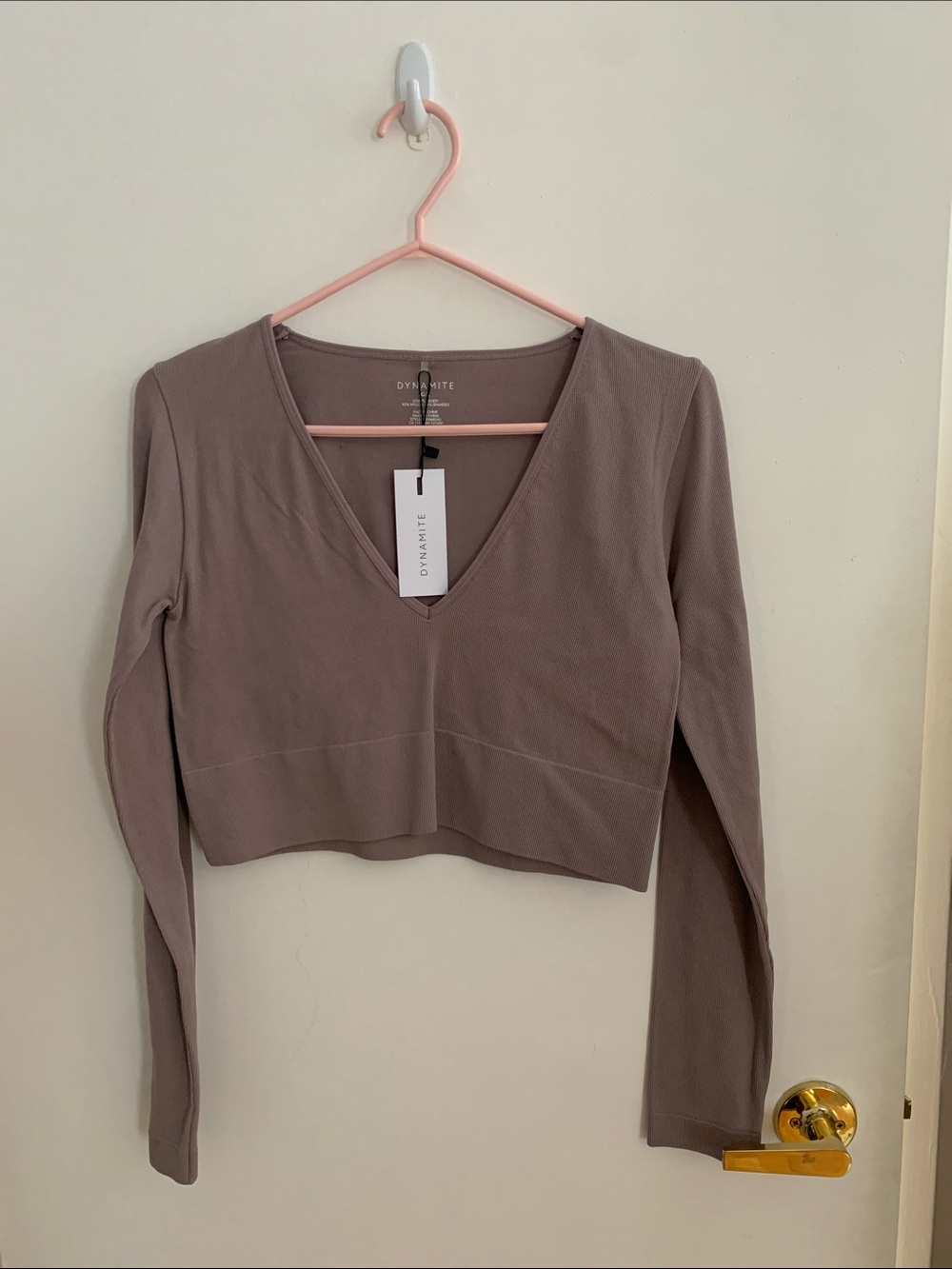 [L] DYNAMITE Mauve-Taupe V-Neck Long Sleeve Crop Top